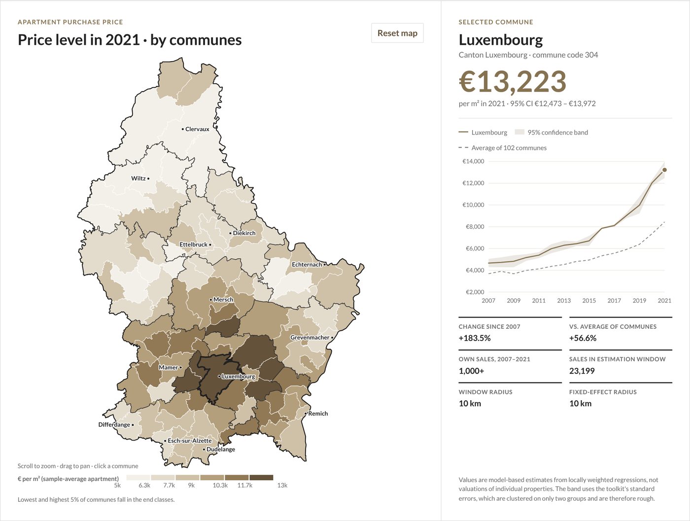 Map of apartment prices by commune in Luxembourg, 2021