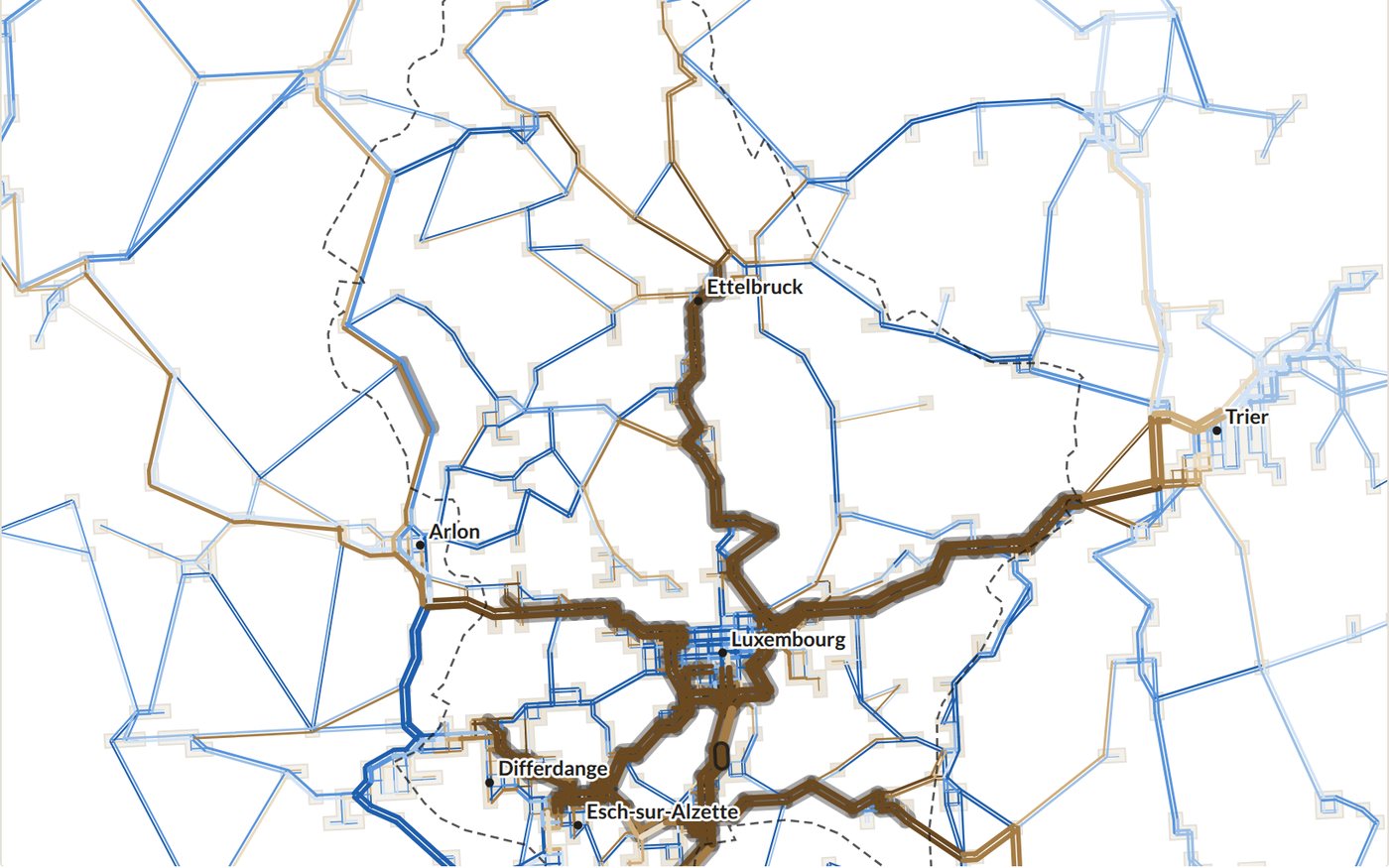 Map of traffic changes after doubling highway capacity in Luxembourg